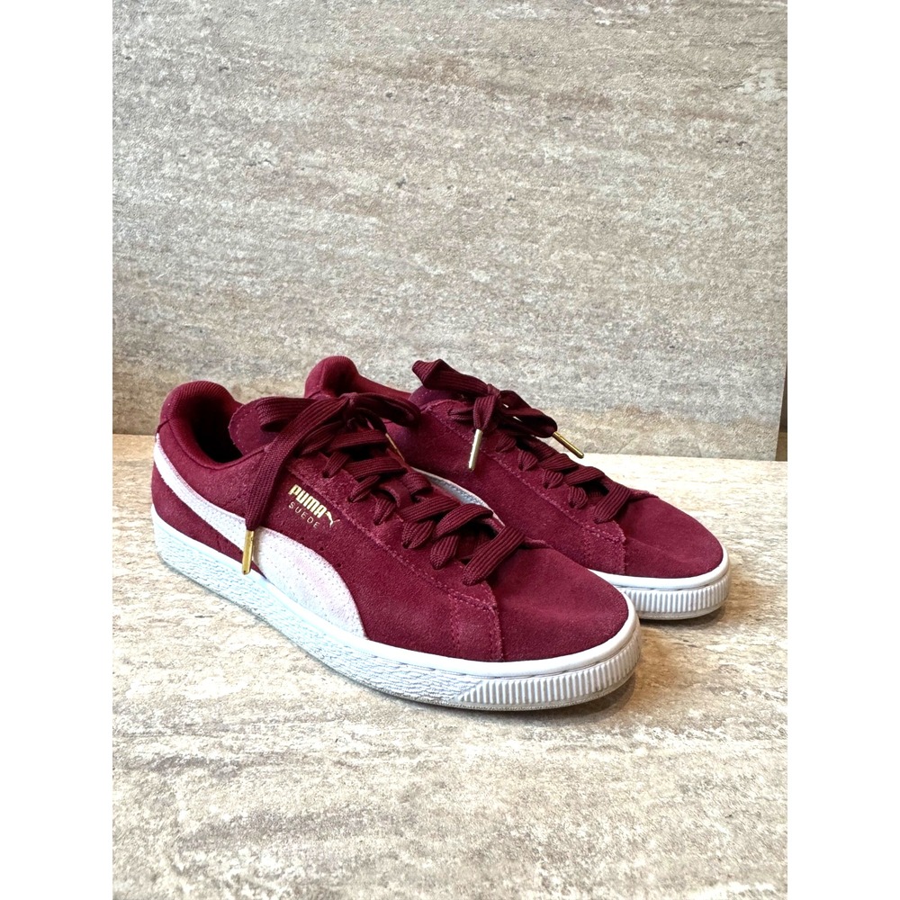 Puma Suede Unisex Classic Maroon Burgundy‎ White Suede Shoes Women's 8.5/38.5